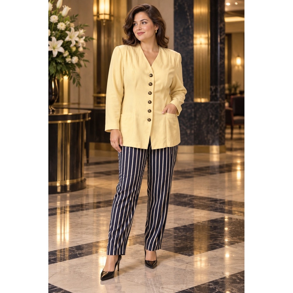 Jessica Howard Petite Vintage One Pc Yellow Blazer Navy Striped Pants 14P Retro